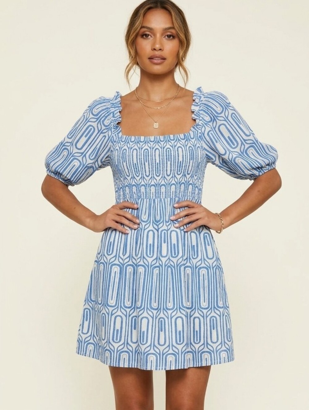 GiGiO Blue White Art Deco Smocked Mini Dress Puff Sleeve Geometric Boho Chic EUC